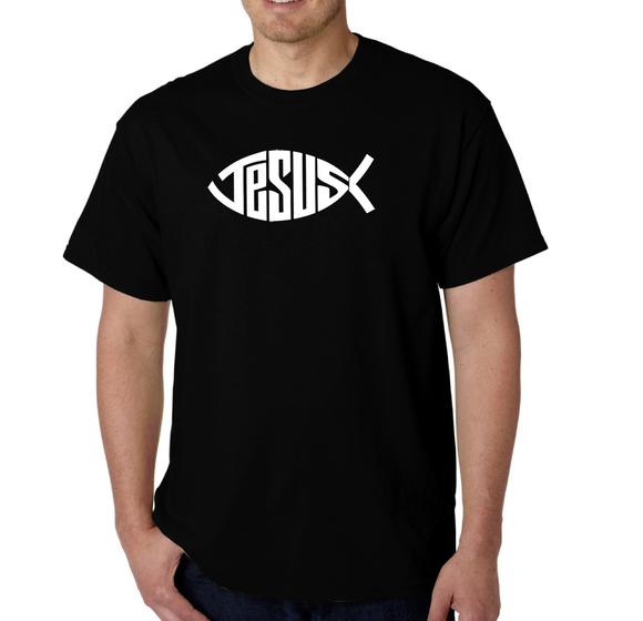 Men's Word Art T-shirt - Christian Jesus Name Fish Symbol - Picture 1 of 2